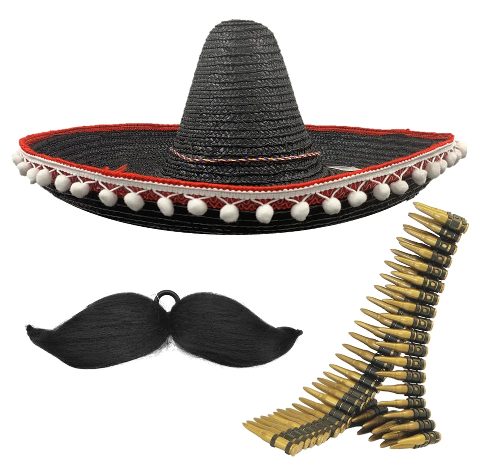 Black Mexican Hat & Bendable Tash & Bullet Belt Fancy Dress Accessory Sombrero - Image 1 of 1