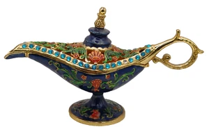 Magnetic Trinket Box Genie Lamp Hinged Metal Jeweled Golden Filigree - Picture 1 of 18