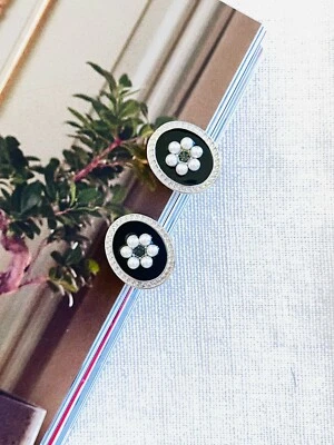 Pendientes negros ovalados con cuentas flor rústico elegante clip plata mujer ella Foto 1 de 4