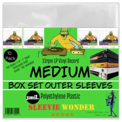 SLEEVIE WONDER MEDIUM Box Set Sleeves (x10) 3mil No Flap Outer - Fits 7/8-1" Thick - 33rpm LP