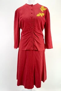 VINTAGE 1940s RED WOOL SWING SUIT RHINESTONE BEE ROCKABILLY JACKET SKIRT WESTERN - Picture 1 of 19