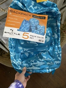 Backpack 5pc Set Sharks New Blue Lunch Box Pencil Case Drawstring Bag Carabiner - Picture 1 of 4