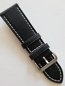 26mm - Black / White Stitches Leather Watch Band - (Chrome Buckle / w Pins) - Picture 1 of 3