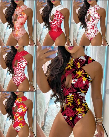 Kansas City Chiefs One Piece Halter Neck Bathing Suit Front Cutout Swimwear Cover