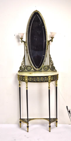 1920’s Onyx Marble top Console Table w Mirror Oscar Bach Style Gilt Bronze Owls Cover