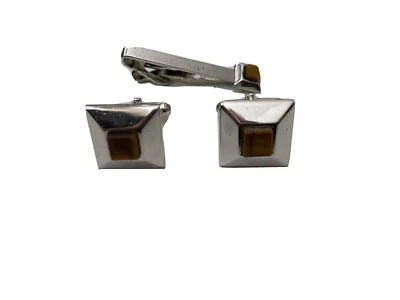Gemelos y barra de corbata SWANK vintage para hombre, piedra ámbar tono plata MODERNISTA Foto 1 de 4