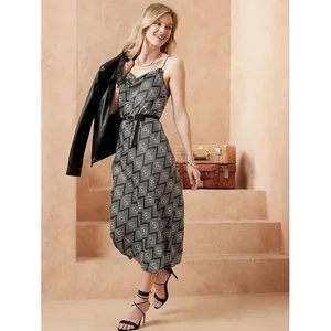 Banana Republic Dress Women Medium Black White Geometric Print Satin Slip Midi - Picture 1 of 12