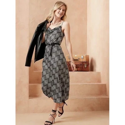 Banana Republic Dress Women Medium Black White Geometric Print Satin Slip Midi - Image 1 of 4