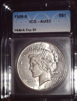1926-S Peace Silver Dollar, ICG AU53. VAM 4 TOP 50, and Issue Free - Image 1 of 3