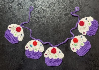 🧁🍒NEW Hand Crochet Cupcake cherry sequins Window Bunting Birthday camper Gift - Image 1 of 4