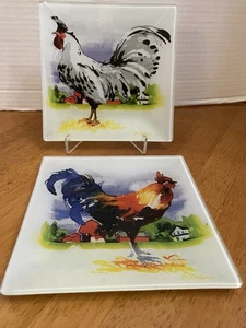 Pair Of Martha Collins Farmhouse Rooster 6” Fused Glass Plates or Wall Art - Picture 1 of 4