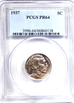 Buffalo Nickel 1937 graduado PCGS PR 64 "Bastante escaso" Foto 1 de 4