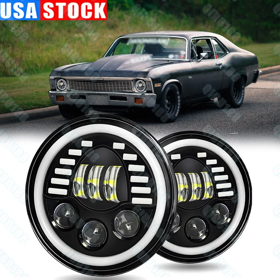 Faros LED redondos de 7 pulgadas blanco halo luz DRL para camioneta Chevy C10 C20 Nova Foto 1 de 4
