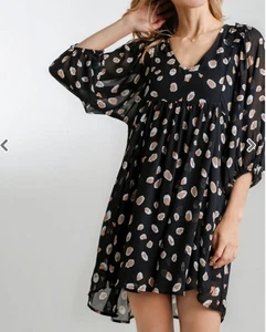Umgee Damen schwarz hellbraun Animal Print Blasenärmel Raffled Babydoll Kleid L - Bild 1 von 6