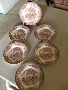 6 CHURCHILL RED TRANSFERWARE STYLE COTTAGE SCENERY DESSERT PLATES 6,5” - Picture 1 of 7