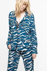 Zadig and Voltaire Zebra Pattern Blue Womens Shirt Longsleeve Blouse Designer - Picture 1 of 7