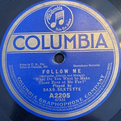 Columbia Saxophone Sextette Follow Me/ Miss Springtime 78 Record A2205 1914 - Image 1 of 4