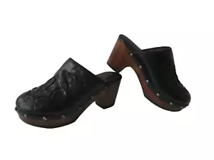 ARIAT MCMXCIII BLACK LEATHER WOOD CLOGS WOMEN US 7.5B EUR 38 HOT FREE S/H - Picture 1 of 10