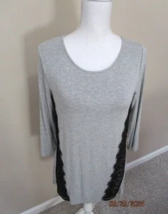White House Black Market Tunic Length Tee Gray Lace Accents 3/4 Sleeves Size S - Picture 1 of 5