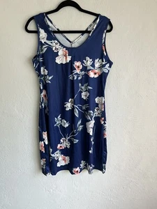 Floral Blooming Woman Navy Floral Garhered- Neck Sleevep Dress, Size Large - Picture 1 of 4