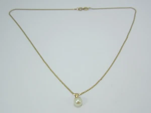 SCHÖNE DAMEN 14K GELBGOLD (15-1/8") HALSKETTE MIT PERLEN ANHÄNGER 2,1G - Bild 1 von 9