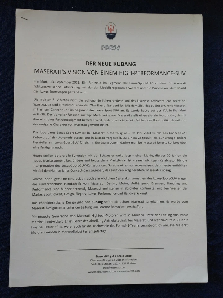 Maserati Presse Information 2011 Kubang GranCabrio Fendi Foto 1 de 1