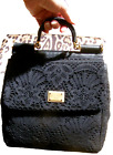 DOLCE & GABBANA MISS SICILY Black Knit Crochet over Suede Leather Hand Bag