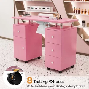 Pink Manicure Table Nail Desk Nail Table Beauty Salon Station w/ Dust Collector - Picture 1 of 9