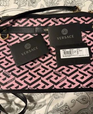 Versace La Greca Signature Coated Canvas & Leather Crossbody pink and black NEW - Image 1 of 4