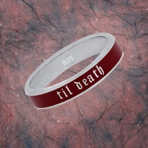 Til Death 4mm Wide Rustic Red Enamel Band Ring, Anniversary & Wedding Band - 925 - Picture 1 of 10