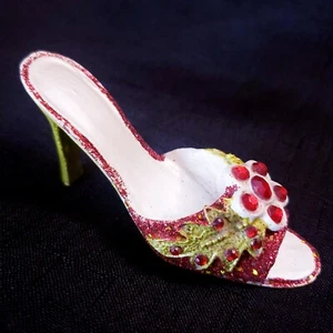 Vintage High Heel Shoe Miniature Gold & Red Glitter Flower Rhinestones Figurine - Picture 1 of 13