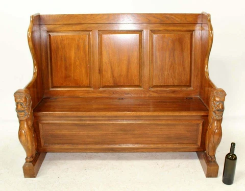 Vintage Oak Hall Bench with Storage and Carved Griffins Cover