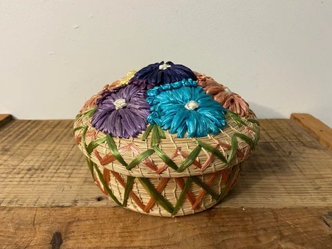 Vintage Raffia Woven Straw Basket Lid with Embroidered Flowers Cover