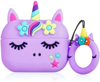 Case AirPod Pro Silicone Cover with Keychain Girls Kids Gift Cute Purple Unicorn - Image 1 of 4