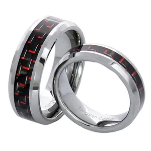 White Tungsten His & Hers Engagement Wedding Band Ring Sets Red Carbon Fiber - Picture 1 of 5