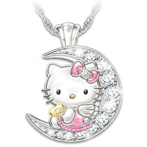 Lovely Cute Hello kitty On the Moon Pendant Necklace Little Girl's Jewelry Gift.
