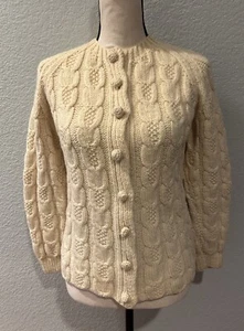 VTG Wool Chunky Cable Knit Cardigan Sweater Small Made In Italy Ivory GrannyCore - Picture 1 of 9