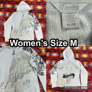 Vintage Y2K Dereon White Full Zip Hoodie Sweater Women’s Size Medium Studded - Picture 1 of 12