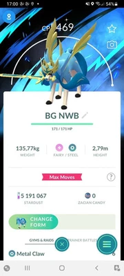 Pokémon G0 - Shiny Zacian Level 50 Crowned 3 Move Transformed BG- Trinket Lucky