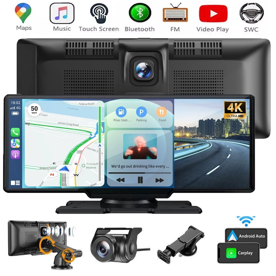 10.26 Zoll Wireless Apple Carplay Android Auto 4K Display Vorne Rückfahrkamera - Bild 1 von 4