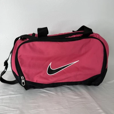 Nike Small Duffel Gym Bag Pink Black Shoulder Strap Swoosh Logo Polyester Sports - Image 1 of 4
