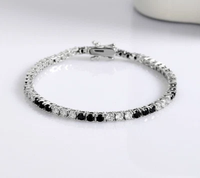 Bracciale tennis rotondo in argento sterling 925 con spinello nero e... - Immagine 1 di 4