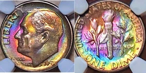 1955 S 10c NGC MS-68🌈 DUAL SIDED RAINBOW TONED ROOSEVELT DIME ULTRA GEM POP 6/0 - Picture 1 of 3