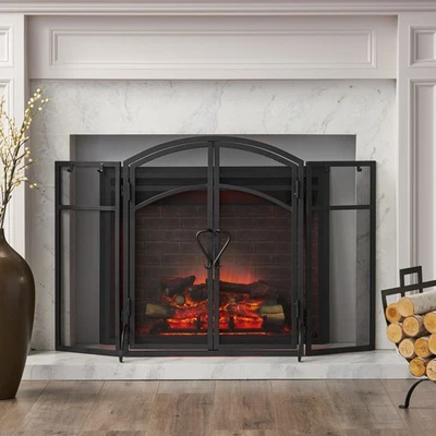 Modern 3 Panel Iron Folding Fireplace Screen with Doors and Tools Matte Black - Image 1 of 4
