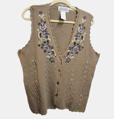 Chaleco Suéter Jantzen Classics Bordado a Mano TAN Floral GRANDE Foto 1 de 4