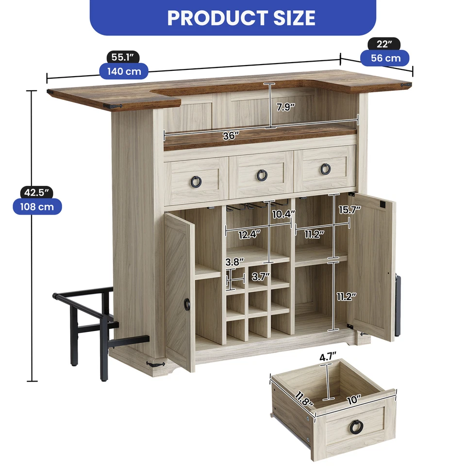 Home Mini Bar Table Stemware Rack Lights & Footrest 3 Drawer Wine Storage Shelf - Image 1 of 4