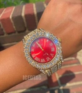 OROLOGIO DA UOMO HIP HOP GHIACCIO ORO PT QUADRANTE ROSSO LUSSO HEAVY BLING LAB DIAMANTE - Foto 1 di 12