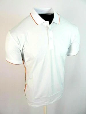 Mens Polo Shirt White Red Sport Stripes Down Sides Slim Fit Stretch - Image 1 of 4