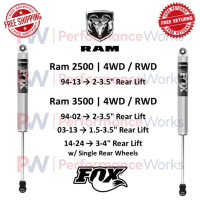 Fox 2.0 Rear Shocks Pair For 94-13 Ram 2500 & 94-24 Ram 3500 4WD RWD 2-3.5" Lift - Image 1 of 4