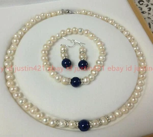 7-8mm White Pearl & 8mm Blue Lapis Lazuli Necklace Bracelet Earrings Set 18" - Picture 1 of 12